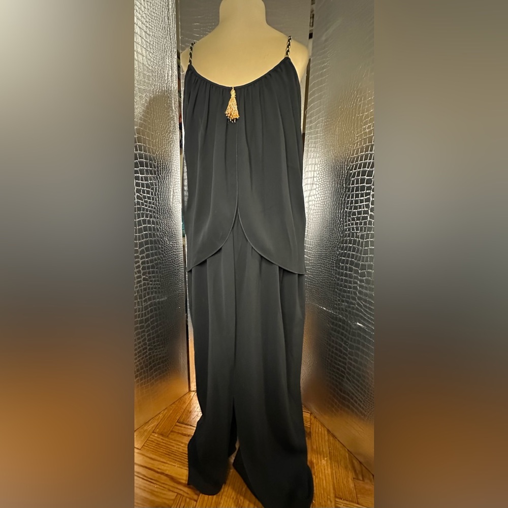 Vintage Black Chiffon Evening Gown Gold Tassel Accent Layered Skirt